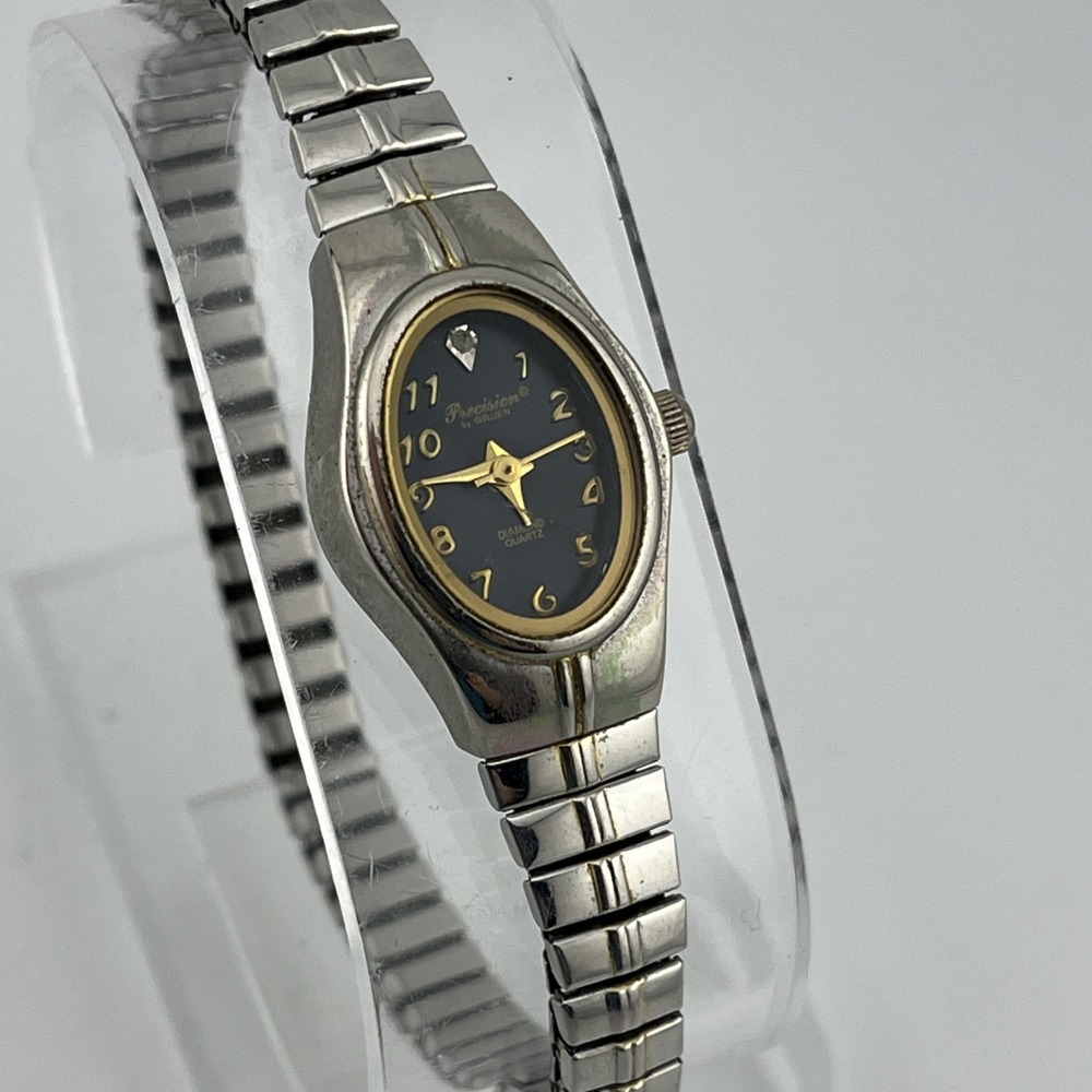 Precision by Gruen Diamond Watch 18mm Case Silver Stretch Band- New Battery